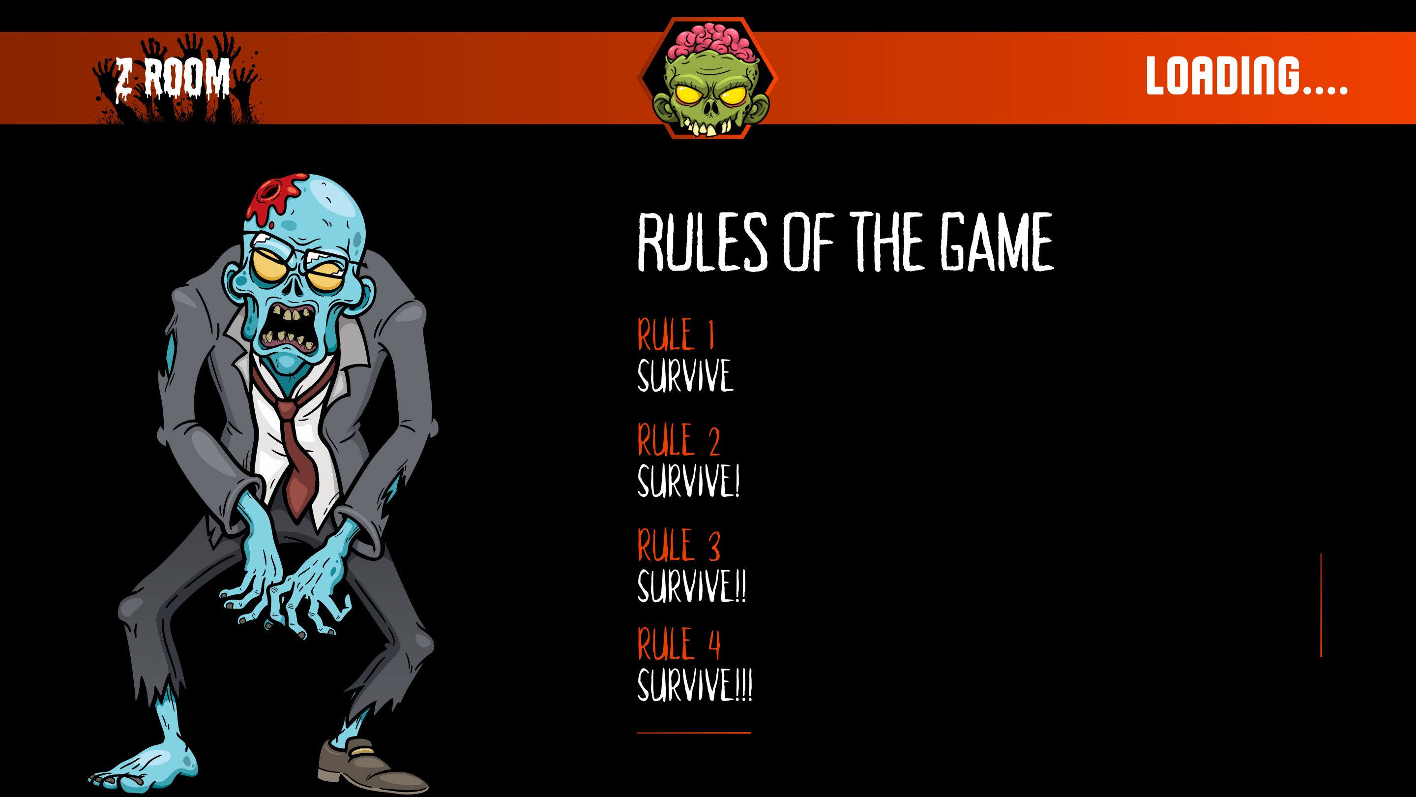 Z-Room loading screen displaying rules and thematic zombie visuals